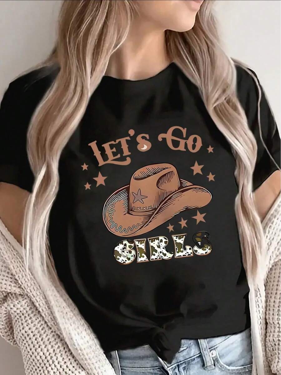 Lightweight And Durable Short-Sleeved T-Shirt With A Fun Western Cowboy Hat Design, Ideal For Casual Outings, Parties, Outdoor Activities Or Everyday Wear, Offering A Comfortable Fit And A Bright Print - 黑色 - 查看 1