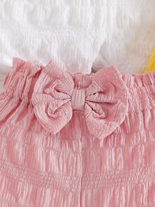 Set de 4 piezas de pantalones cortos tipo bombacho con decoración de moño 3D en unicolor para niñas bebés, adecuado para salidas diarias en verano - Multicolor - Ver 7