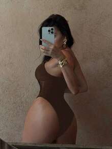 Traje de baño de una sola pieza para mujer con diseño de unicolor, tirantes, parches de malla, sexy y con recortes, estilo bohemio para festivales - Café integral - Ver 2