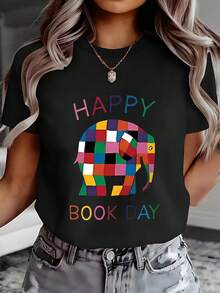 Día del Libro Alegre, Elefante de Bloques Coloridos, Resaltado sobre un Fondo Negro, Lleno de Diversión, Sudadera con Estampado Direccional para Primavera y Verano, Top Casual de Cuello Redondo, Camiseta de Manga Corta, Top Cómodo para Mujer 10244 - Negro - Ver 12