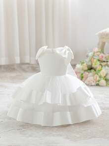 Baby Girls Sleeveless Back Bow Mesh Satin Elegant Flower Girl Dress For Party, Headband Not Included - White - View 7
