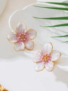 1 buah Anting-anting Retro Prancis dengan Motif Bunga Besar yang Berlebihan, Anting-anting Mewah dan Elegan. - Tetesan minyak berwarna merah muda - View 4
