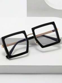 1pc Women's PC Large Frame Square, Gold Plastic Combo, Commuter, European & American Personality, Face-Slimming, Light Non-Prescription Glasses, Suitable For Daily Use - 黑色 - 查看 6