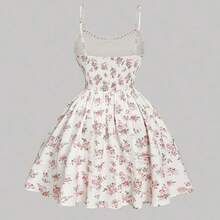MOD Floral Print Ruffle Trim Plus Size Camisole Mini Dress For Women,Romantic Lace, Pink Straps,Afternoon Tea Dress,Beach Dress Sundress,Holiday Outfits Boho - Multicolor - Ver 3