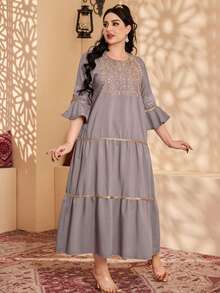 Robe arabe pour femmes gris violet avec broderie or lourde, JALABIA avec ruban tissé, col en V, patchwork de gâteau, manches cloche plissées, gris clair violet, robe élégante, tenue décontractée printemps/été 2026 - Mauve - Voir 5