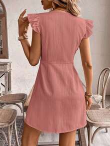 Vestido casual de vacaciones para mujer con mangas de volantes y botones delanteros de unicolor, vestidos de verano para mujer, vestido de té de vacaciones - Rosa coral - Ver 2