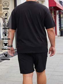 Plus Size Men's Printed Shorts, Summer Elastic Straight Leg Knee-Length Pants, Solid Color, Drawstring Waist, Lightweight, Suitable For Sports, Running, Fitness, Training, Cycling, Hiking, Camping, Fishing - Black - View 8