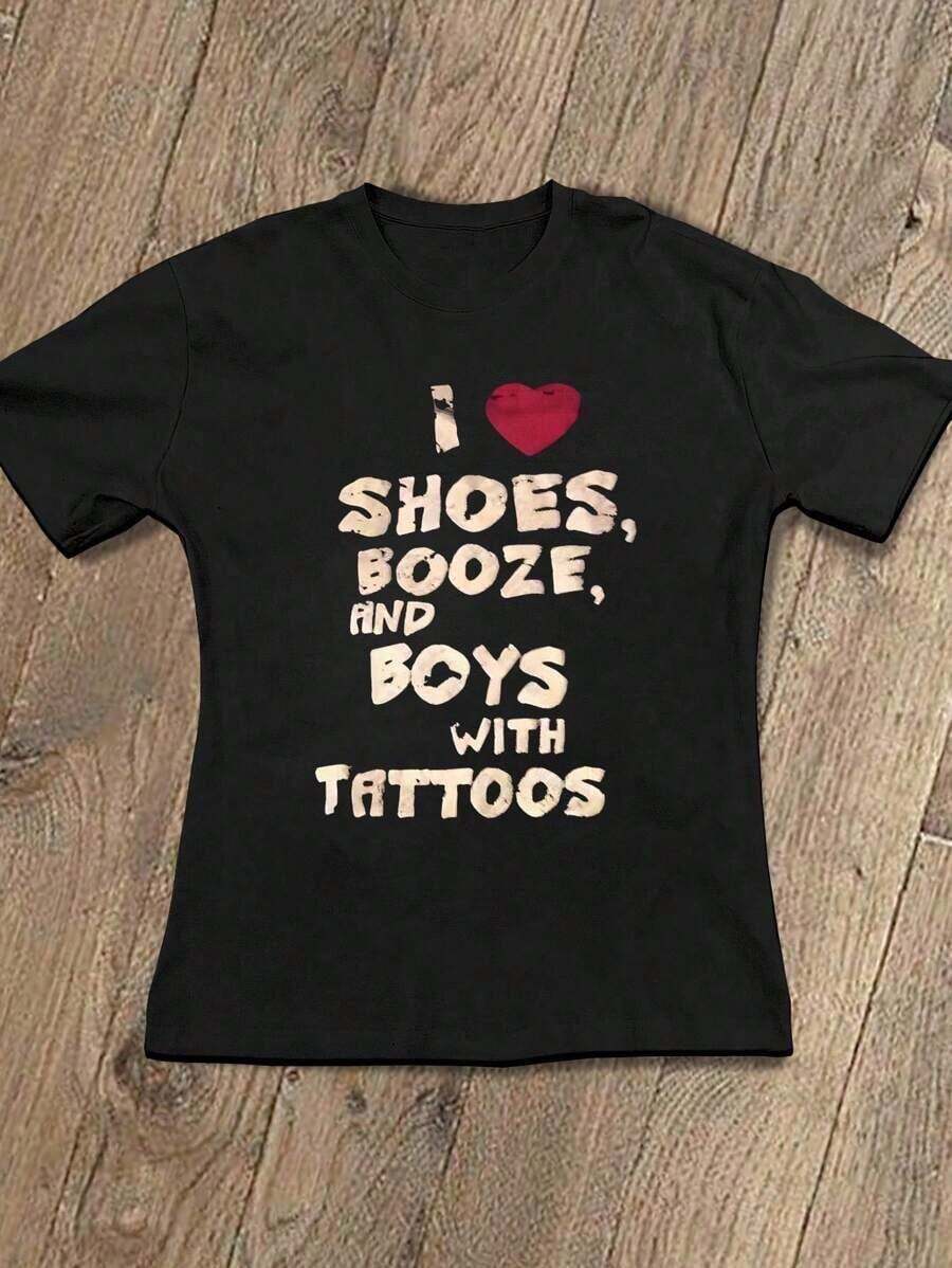 Modern And Fashionable Women's T-Shirt With Slogan Print, Ideal For Casual Everyday Wear In Summer - Unisex Cotton Loose Short-Sleeved Round Neck Vintage Style T-Shirt For Women. - 黑色 - 查看 1