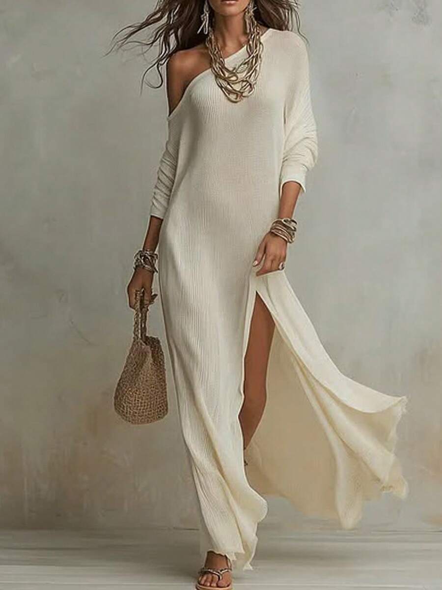 Women's Off Shoulder Knit Maxi Dress With Long Sleeves And High Slit - White - View 1