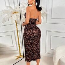 Amarilo Sexy Leopard Print Sleeveless Collared Dress With Metal Collar Ring - Fitted Women's Fashion Party, Vacation, And Everyday Dress - Marrón - Ver 3