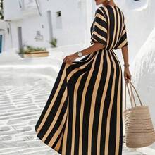 Holidaya Women's Yellow Striped Loose Vacation Spring/Summer V-Neck Fit-And-Flare Dress, Suitable For Vacation, Casual, Home And Daily Activities - Azul menta - Ver 3