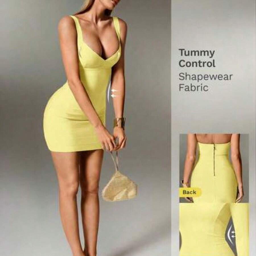 Sexy Solid Color Knit Spaghetti Strap Sleeveless Mini Dress, Bodycon Party Holiday Dress For Women Tummy Control Dress Shapewear Dress Bandage Dress For Women White Dress - Amarillo claro - Ver 1