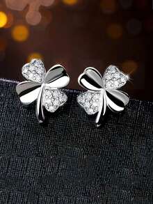 1 Pair S925 Sterling Silver Elegant Lucky Four-Leaf Clover Earrings, Meaning Good Fortune, Paired With Delicate Synthetic Zirconia Inlays, Low-Key Luxury, Low Allergy, Gentle And Atmospheric For Girl's Daily Wear, Vacation, Music Festival - Four-leaf Clover - View 7