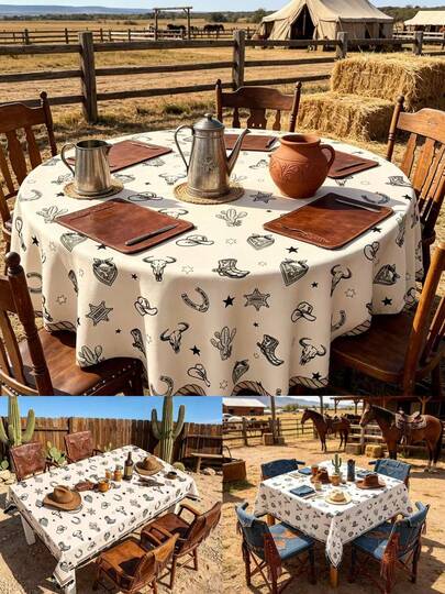 1 pieza Mantel estilo vaquero occidental, hecho de material de poliéster, fácil de limpiar, reutilizable, con base blanca y estampados de sombrero vaquero, botas de cuero, cactus y herraduras, adecuado para fiestas con tema de rancho, fiestas retro estadounidenses, picnics al aire libre, cenas familiares, decoraciones de fiesta de cumpleaños, bodas, aniversarios, etc.
