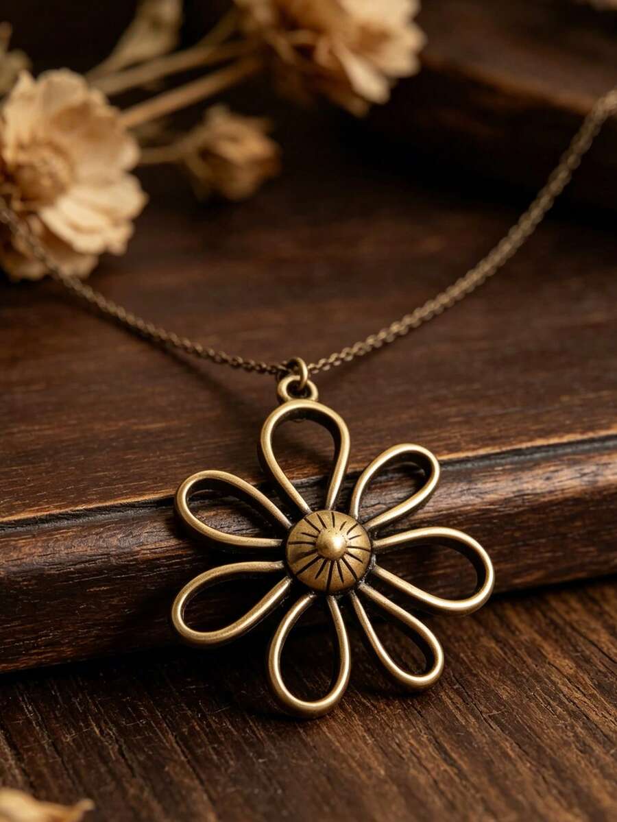 1pc Vintage Hollow Flower Alloy Necklace, Fashionable For Women - Old Gold - View 1