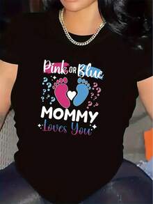 Maternity Short-Sleeved Polyester T-Shirt, Loves You Design In Pink Or Blue, For Wearing At Home, Durable And Comfortable Fabric, Perfect For Wearing In The Living Room, Stylish And Lightweight Blouse For Casual Outfits. - 黑色 - 查看 6