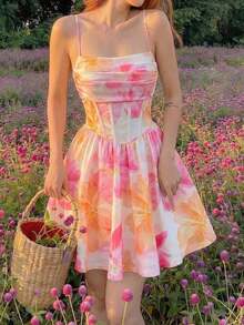 Elegante vestido de tirantes con fruncido en la cintura de color liso - Rosa 2 - Ver 1