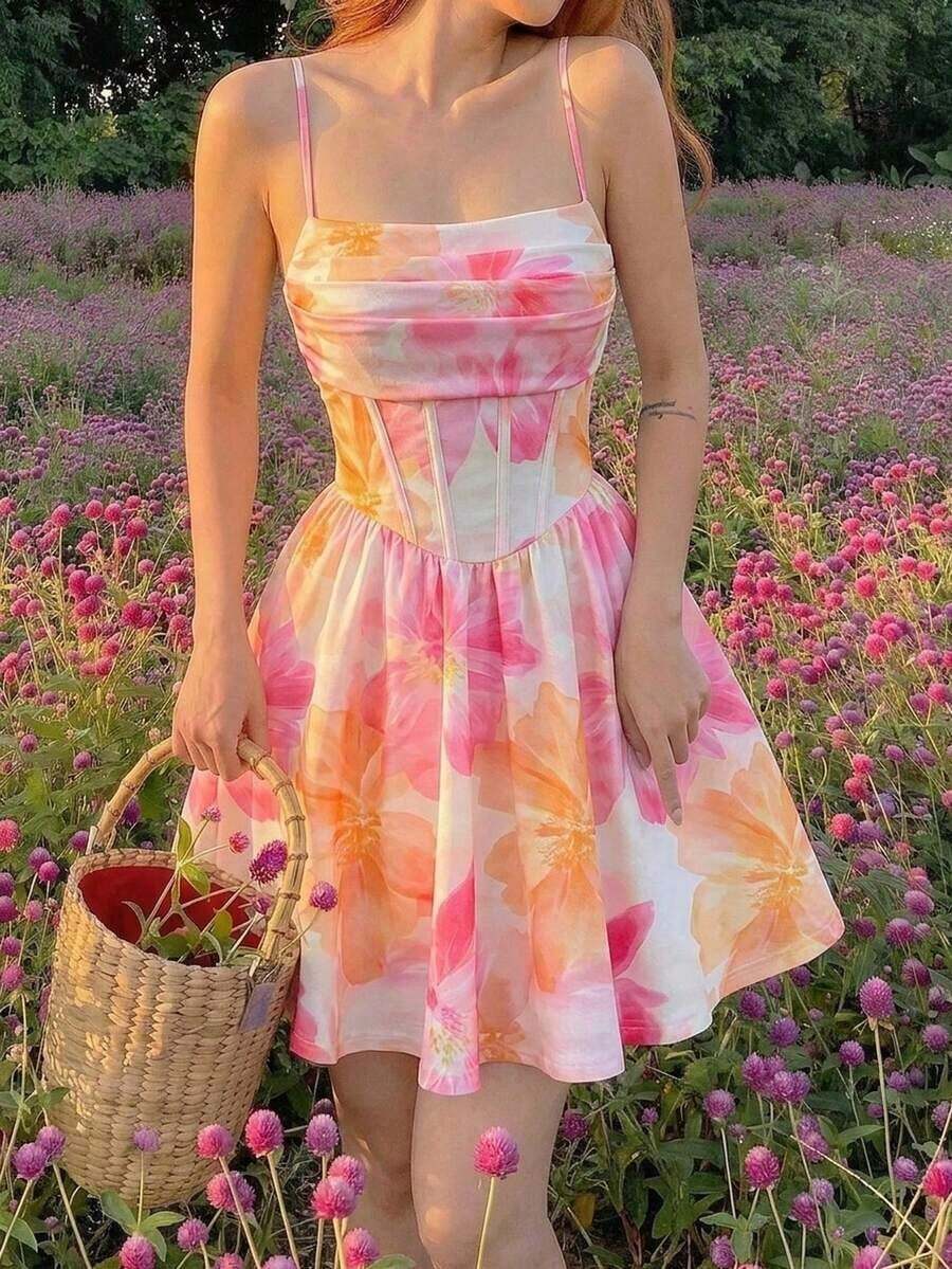 Elegante vestido de tirantes con fruncido en la cintura de color liso - Rosa 2 - Ver 1