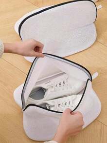 1pc White With Black Zipper Shoe Washing Bag, Shoe Storage Bag, Household Shoe Washing Bag, Shoe Washing Filter Net Bag, Laundry Bag, Washing Machine Filter Bag, Anti-Deformation Laundry Bag, Anti-Entanglement Laundry Bag, Anti-Stain Laundry Bag, Travel Shoe Storage Bag, Suitable For Dresses, Pants, Shoes, Jeans, Boots, Suitable For Spring And Summer, Minimalist Style - A - View 6