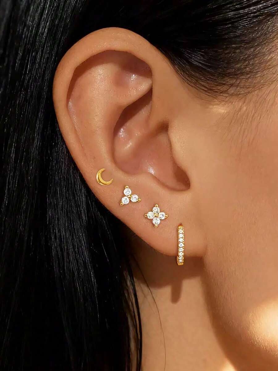 4PCS Cute Moon Zirconia Flower Stud Earrings Set 18K Gold Plated Piercing Cartilage Hoop Earrings For Women Jewelry Accessories - 1-gold-4PCS - View 1