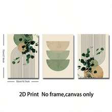 3pcs Unframed Boho Green Plant Eucalyptus Leaf Geometry Graphic Art Poster - Retro Canvas Print For Modern Wall Decor In Living Room And Home,2D Flat - A - View 9
