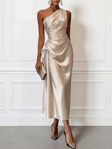 Women's Elegant Spring/Summer Satin One-Shoulder Midi Party Dress, Solid Color Pleated Evening Gown For Wedding Guest Formal Occasions, Suitable For Mother's Day - Apricot - View 2