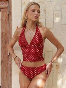 Top ajustado sin mangas con tirantes finos, escote en V y estampado de lunares, un top de bikini de verano a la moda - Rojo y blanco - Ver 4