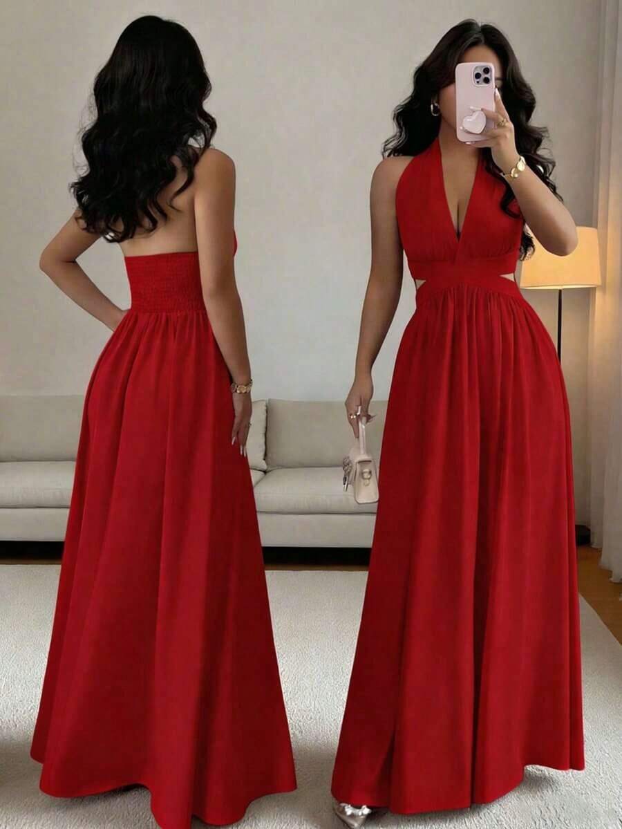 Elegante vestido sin mangas con cuello en V, diseño hueco en la cintura y pliegues, color morado, nueva llegada de primavera/verano - Rojo 3 - Ver 1