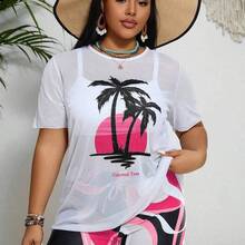 Swim Lushore Plus Size Women Summer Beach Wireless Tankini Set & Palm Tree Printed Short Sleeve Cover Up - Multicolor - Ver 2