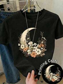 100% cotton Chaleco de moda para damas, cuello redondo, mangas cortas, con estampado de luna y flores, corte normal - Negro - Ver 9