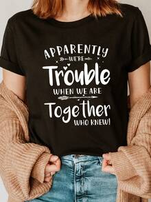 Camiseta de Moda con Estampado de Letras para Mejor Amiga, Manga Corta y Cuello Redondo, Top Casual para Verano y Primavera, Ropa de Mujer - Negro - Ver 6