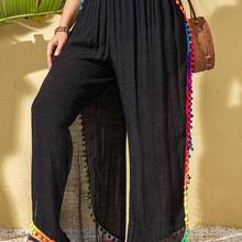 Swim Lushoire Plus Size Women Colorful Tassel Trim Side Slit Modest Beach Casual Long Cover Up Pants, For Summer Vacation - Negro - Ver 2