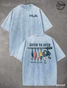 Summer Tops2026Retro "HUK" Fishing Pattern, CATCH YA LATER, Fishing T-Shirts, Men And Women's T-Shirts, Fall Clothes, 230G Wash Cotton High Quality Cotton Printed T-Shirts, Men Clothes, Suitable For Street Retro And Outdoor Sports And Leisure, Comfortable And Stylish, Y2k Clothes, Funny T-Shirts, Streetwear, Perfect Gift. Summer Clothes - 淺藍色 - 查看 8