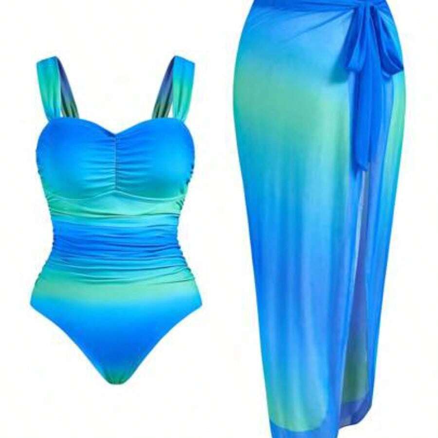 Swim Oasis Plus Size Women 2pcs Set Ombre Ruffled One-Piece Swimsuit For Summer Beach Vacation - Verde - Ver 1
