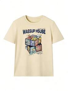 Camiseta de Manga Corta con Diseño de Cubo y Frase Juvenil,Camiseta de manga corta de moda para primavera y verano de 2026, hecha en México, 180 gramos. Estampado de dibujos animados, modelo de pareja, apta para uso interior o exterior. Cuello redondo, unisex, ideal para oficina y ocio. Paquete de una pieza. - APR-P631577SLNDXZGY394 - Ver 3