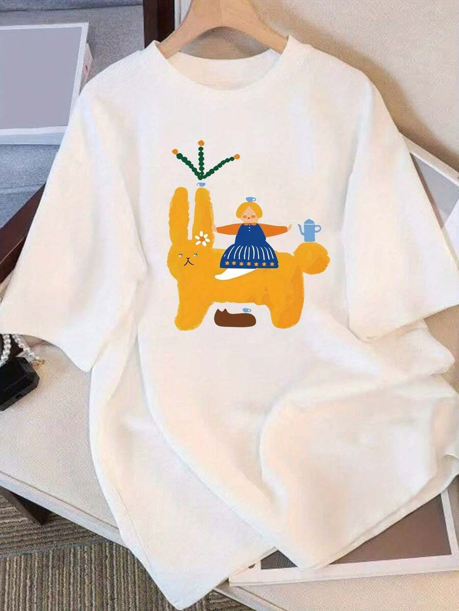 Camiseta de Manga Corta para Mujeres con Diseño y Estampado Únicos, Nuevo Estilo de Verano Holgado para 2025, Top Atractivo - Blanco - Ver 1