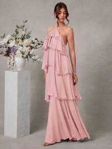 Elegante vestido maxi de gasa con cuello halter y volantes para invitados a bodas románticas - Rosa - Ver 4