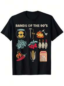 Camiseta Gráfica Retro de Banda de Rock de los 90 para Hombre| Camiseta negra de corte regular con diseño retro de ícono musical de los 90 y cultura nostálgica, con logotipo del número 90 y gráfico de cinta - Estampado por transferencia de calor, lavable a máquina, estilo casual, cuello redondo. - Negro - Ver 1