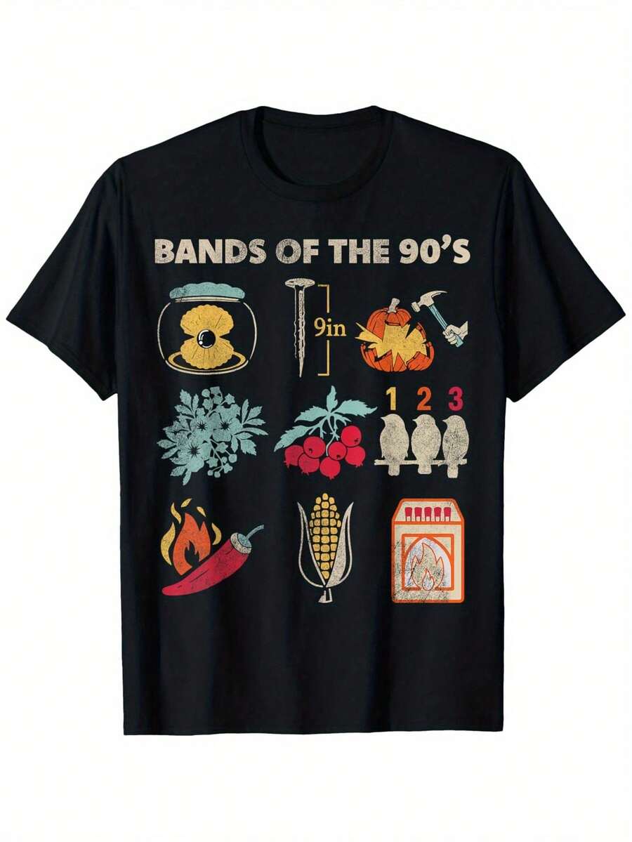 Camiseta Gráfica Retro de Banda de Rock de los 90 para Hombre| Camiseta negra de corte regular con diseño retro de ícono musical de los 90 y cultura nostálgica, con logotipo del número 90 y gráfico de cinta - Estampado por transferencia de calor, lavable a máquina, estilo casual, cuello redondo. - Negro - Ver 1