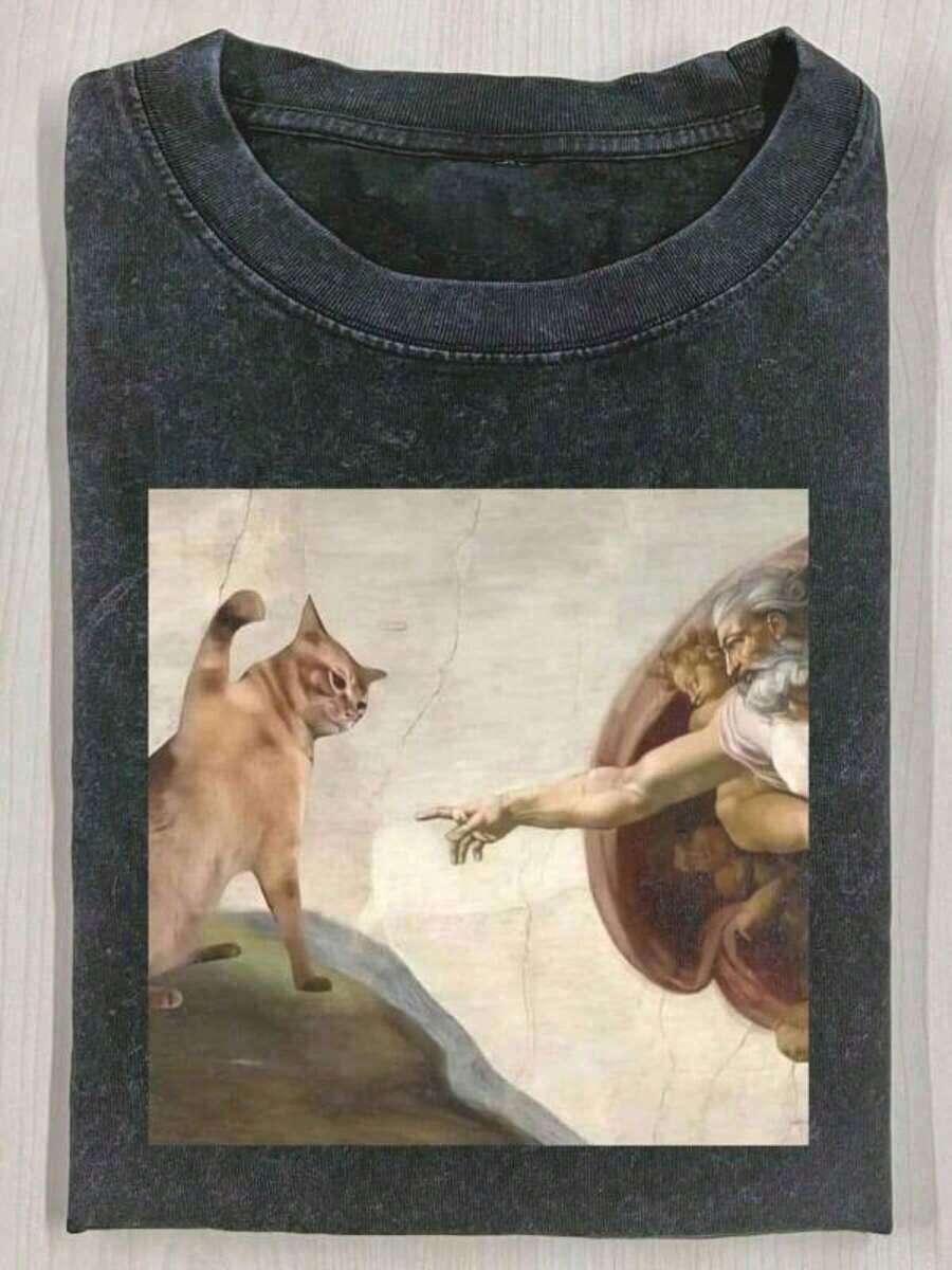 Camiseta Vintage Lavada de 230g, Camiseta Gráfica Artística Retro con Diseño de Gato y la Creación de Adán, Top Casual Creativo y Nostálgico, Camiseta de Algodón Puro, Casual, Elegante y Cómoda. - Negro - Ver 1