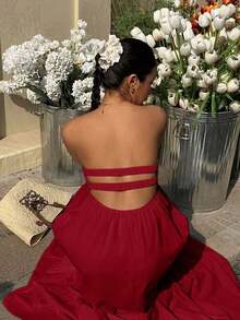 Vestido blanco sin tirantes con estilo bohemio, para primavera/verano - Rojo - Ver 2
