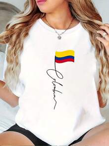 Women's T-Shirt With A Minimalist And Unique Colombian Flag Print In A Cartoon Design, Short-Sleeved Stretch Casual Top - 白色 - 查看 2