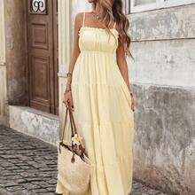 PariChic Women's French Style Vacation Spaghetti Strap Frill Trim Waist Fitted Long Textured Yellow Dress, Spring/Summer Yellow Maxi Dress Women Women Vacation Dress Yellow Sundress Women Long Sundress - Amarillo - Ver 5