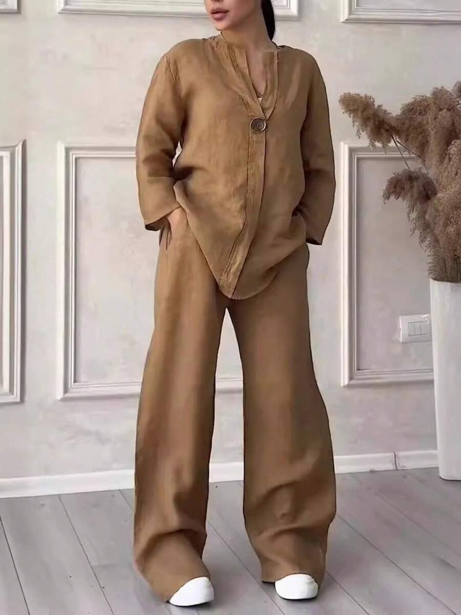 Casual Linen Co-Ord Set Ladies With Single Button Detail And Elastic Waist Trousers - Brown - View 1