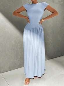 Vestido de línea A de manga corta, de cuello, ajustado, con bajo asimétrico, de uso diario, de estilo minimalista y elegante - Celeste - Ver 6