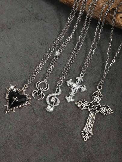 5 chiếc vòng cổ mặt dây chuyền hình thánh giá, hoa hồng, trái tim, nốt nhạc, nhện phong cách Gothic cổ điển đính đá, mang hơi hướng Y2K dành cho nữ.
