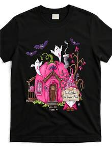 Camiseta de Halloween para hombre, en octubre usamos camisetas rosas de prevención del cáncer de mama, con divertidos diseños de casas de calabaza y gnomos, camisetas de algodón de manga corta, adecuadas para fiestas y uso diario, perfectas para vacaciones y momentos de ocio, ideales para fiestas y vacaciones familiares. - Negro - Ver 7