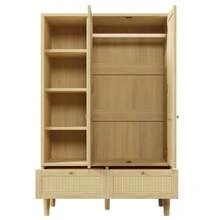 Wardrobe With 2 Doors And Rattan Weave, Country Style Oak Look, Open Shelf, Shelves, Clothes Rail, 2 Drawers, Anti-Tip Device, 180x120x50 Cm (H/W/D) - Oak - 查看 11