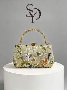Luxury Gold Floral Embroidered Evening Clutch, Elegant Sequin Beaded Hard Shell Handbag With Top Handle, Shiny Formal Dress Bag For Wedding, Gala And Party - Gold - View 1