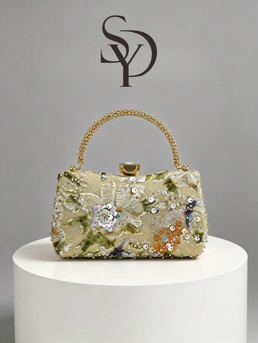 Luxury Gold Floral Embroidered Evening Clutch, Elegant Sequin Beaded Hard Shell Handbag With Top Handle, Shiny Formal Dress Bag For Wedding, Gala And Party - Gold - View 1